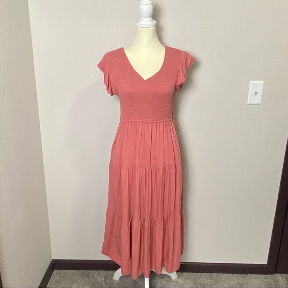 MEROKEETY Women's Flutter Sleeve Smocked Midi Dress V Neck Casual Tiered Size L - Picture 10 of 14